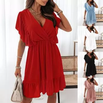 Женское летнее свободное платье с v-образным вырезом и развевающимися рукавами и высокой талией L чёрный