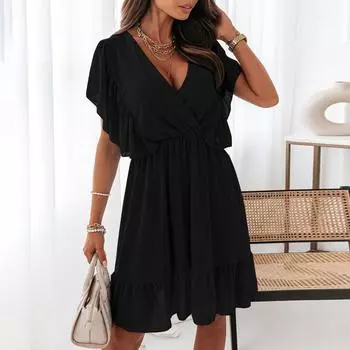 Женское летнее свободное платье с v-образным вырезом и развевающимися рукавами и высокой талией L чёрный