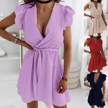 Женское летнее свободное платье с v-образным вырезом и без рукавов, сплошное цветное платье с рюшами L фиолетовый
