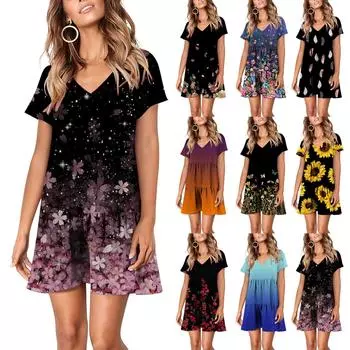 Женское летнее свободное платье трапециевидной формы с коротким рукавом и цветочным принтом, высокой талией, повседневное свободное длинное платье трапециевидной формы в стиле бохо XL чёрный