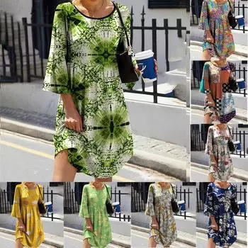 Женское летнее свободное платье в стиле бохо с цветочным принтом, мешковатые повседневные платья с круглым вырезом и половиной рукавов, большие размеры S