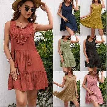 Женское летнее свободное пляжное платье без рукавов с V-образным вырезом, сплошное цветное пляжное платье с большими качелями S жёлтый