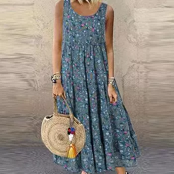 Женское летнее свободное повседневное цельное платье без рукавов с круглым вырезом и цветочным принтом S синий