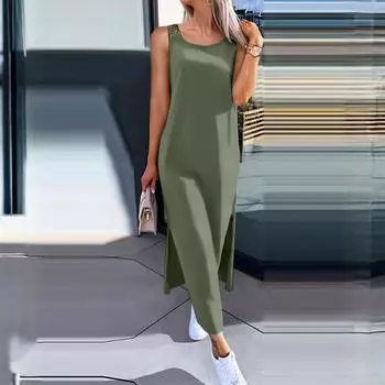 Женское летнее свободное повседневное модное однотонное платье без рукавов с кружевной отделкой на спине XXXL