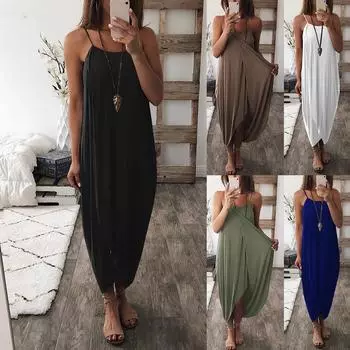 Женское летнее свободное повседневное однотонное длинное платье на бретельках нерегулярной формы XXL