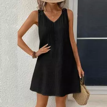 Женское летнее свободное повседневное платье из полого кружева с v-образным вырезом без рукавов M чёрный