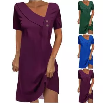 Женское летнее свободное повседневное платье с коротким рукавом и U-образным вырезом M синий