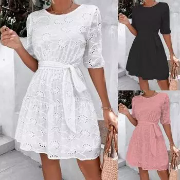 Женское летнее свободное повседневное платье с круглым вырезом и коротким рукавом