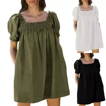 Женское летнее свободное повседневное платье с коротким рукавом и U-образным вырезом