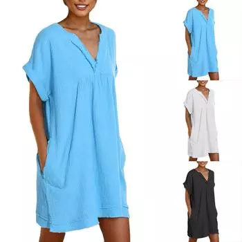 Женское летнее свободное повседневное платье с коротким рукавом и круглым вырезом