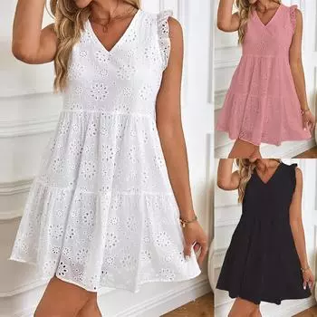 Женское летнее свободное повседневное платье с V-образным вырезом и коротким рукавом