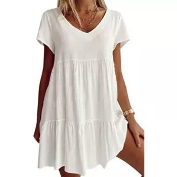 Женское летнее свободное повседневное платье с короткими рукавами и завязками на талии S белый