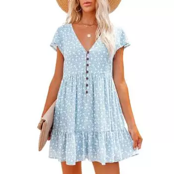 Женское летнее свободное праздничное цельное платье с коротким рукавом и V-образным вырезом с цветочным принтом S оранжевый