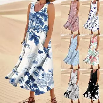 Женское летнее свободное свободное платье без рукавов с круглым вырезом и карманами L чёрный