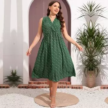 Женское летнее свободное свободное платье без рукавов с v-образным вырезом больших размеров, простое платье-майка с принтом, зеленый XL-5XL XL зелёный