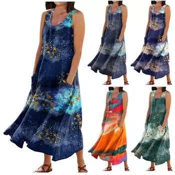 Женское летнее свободное свободное платье без рукавов с круглым вырезом и звездами в стиле пэчворк с цветным принтом и карманом XL синий
