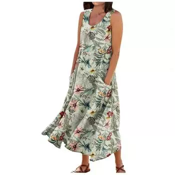 Женское летнее свободное свободное платье с круглым вырезом и цветочным принтом без рукавов, большое свободное платье с карманами L зелёный