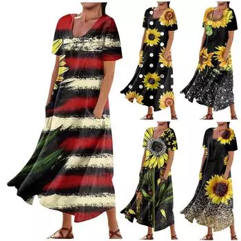 Женское летнее свободное свободное платье с круглым вырезом и принтом подсолнуха, с короткими рукавами и карманом XL чёрный
