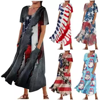 Женское летнее свободное свободное платье с круглым вырезом и принтом ко Дню независимости, с короткими рукавами и карманом M синий
