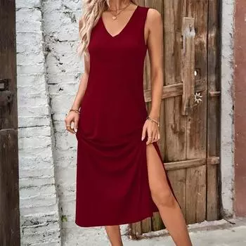Женское летнее свободное удобное повседневное модное однотонное платье без рукавов с V-образным вырезом и разрезом S красный