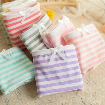 Женское летнее темно-синее полосатое нижнее белье с милым декором бантом, трусики, трусы светло-фиолетовый