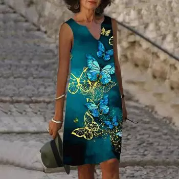 Женское летнее темно-зеленое платье с v-образным вырезом и принтом бабочки, повседневное модное платье без рукавов, повседневное свободное сексуальное платье размера плюс XS-8XL XS темно-зеленого