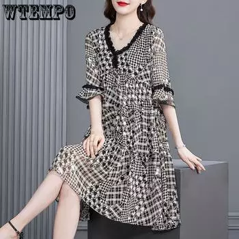 Женское летнее темпераментное свободное платье с расклешенными рукавами, элегантное шифоновое платье с принтом M