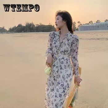 Женское летнее тонкое французское элегантное мягкое шифоновое платье средней длины с цветочным принтом и рукавами из пеноматериала L