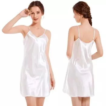 Женское летнее тонкое платье для дома, сексуальное платье-комбинация с V-образным вырезом и открытой спиной, однотонное атласное ночное белье без рукавов с кружевной отделкой S