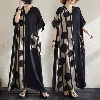 Женское летнее тонкое платье с V-образным вырезом и коротким рукавом в стиле пэчворк, длинное One Size чёрный