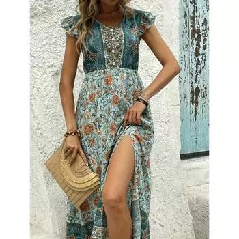 Женское летнее тонкое повседневное платье без рукавов с талией S зелёный