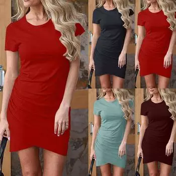 Женское летнее тонкое сплошное цветное повседневное крутое платье с короткими рукавами L чёрный