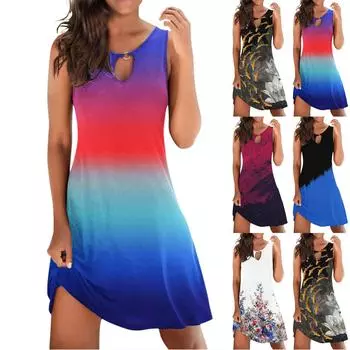 Женское летнее удобное модное повседневное тонкое платье без рукавов с v-образным вырезом и принтом XXL синий