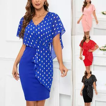 Женское летнее удобное, нежное, цветущее, позолоченное шифоновое платье в горошек L чёрный