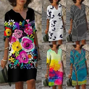 Женское летнее удобное повседневное платье с v-образным вырезом и коротким рукавом в стиле ретро S синий