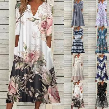 Женское летнее удобное повседневное платье с v-образным вырезом и коротким рукавом в стиле ретро XXXXXL