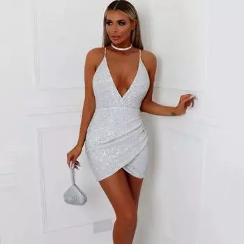 Женское летнее утягивающее платье с глубоким V-образным вырезом и пайетками S серебряный