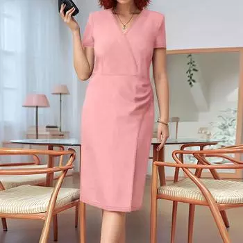 Женское летнее утягивающее платье с V-образным вырезом и короткими рукавами, платье с оборками XL розовый