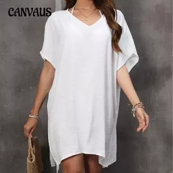 Женское летнее V-образное вырезное новое пляжное свободное платье-бикини one size чёрный