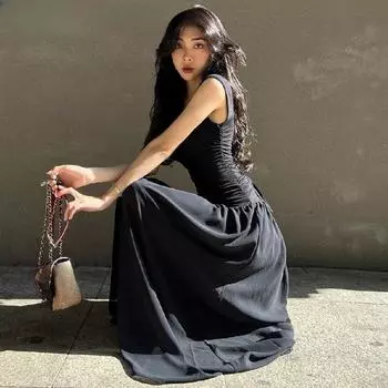 Женское летнее вечернее длинное платье, сексуальное облегающее черное платье макси с рюшами 2024 года, элегантное платье с высокой талией, новое S чёрный