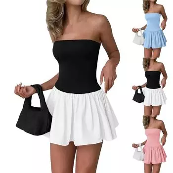 Женское летнее вечернее платье без бретелек, повседневное, с короткими сарафанами в стиле А-силуэта с оборками и лоскутным узором S зелёный