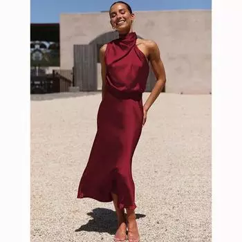 Женское летнее вечернее платье без рукавов, элегантное длинное платье трапециевидной формы с лямкой на шее и высокой талией, сплошной цвет L абрикосовый