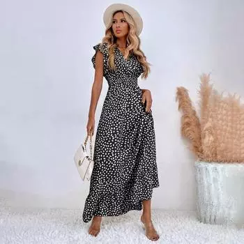Женское летнее весеннее платье без рукавов с цветочным принтом и v-образным вырезом, повседневное трапециевидное платье длиной до щиколотки с высокой талией M чёрный