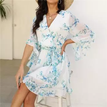 Женское летнее весеннее платье с коротким рукавом и цветочным принтом, v-образным вырезом, повседневное трапециевидное платье длиной до колена S белый