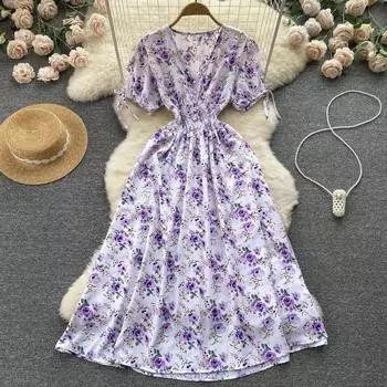 Женское летнее весеннее платье с коротким рукавом и цветочным принтом, v-образным вырезом, повседневное трапециевидное платье длиной до щиколотки с высокой талией