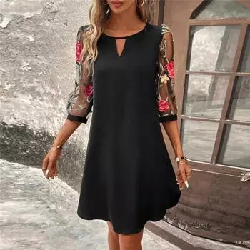 Женское летнее весеннее платье с круглым вырезом, свободная цветочная вышивка, прозрачная сетка с рукавами три четверти длиной выше колена, женское мини-платье S вино красного