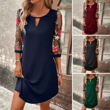 Женское летнее весеннее платье с круглым вырезом, свободная цветочная вышивка, прозрачная сетка с рукавами три четверти длиной выше колена, женское мини-платье S зелёный