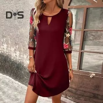 Женское летнее весеннее платье с круглым вырезом, открытой свободной цветочной вышивкой, прозрачной сеткой, рукавом три четверти, длиной выше колена, женское мини-платье S зелёный