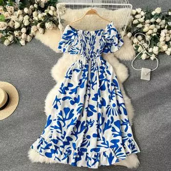 Женское летнее весеннее платье с открытыми плечами и короткими рукавами до талии с цветочным принтом и высокой талией длиной до щиколотки One Size