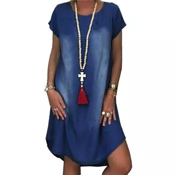 Женское летнее винтажное джинсовое платье 2024, свободное повседневное джинсовое мини-платье, модные вечерние пляжные платья с короткими рукавами